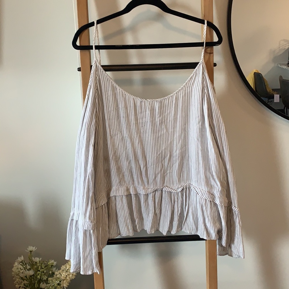 American Eagle Outfitters White Striped Peplum Button-Front Blouse - Picture 5 of 6